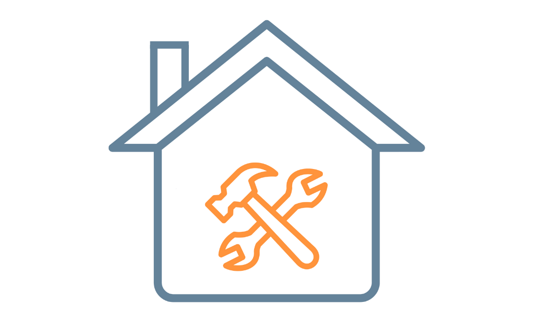 House-shaped icon with a hammer and wrench crossed in orange inside a blue outline of a home
