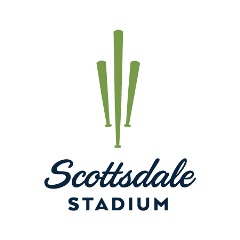 Green baseball-bat logo above the words “Scottsdale Stadium” in blue script and block text.