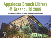 Appaloosa Branch Library presentation cover featuring a modern angular building surrounded by desert landscaping and trees.