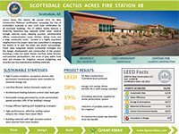 Informational sheet for Scottsdale Cactus Acres Fire Station #8 featuring building photos, sustainability strategies, LEED results, and project highlights.