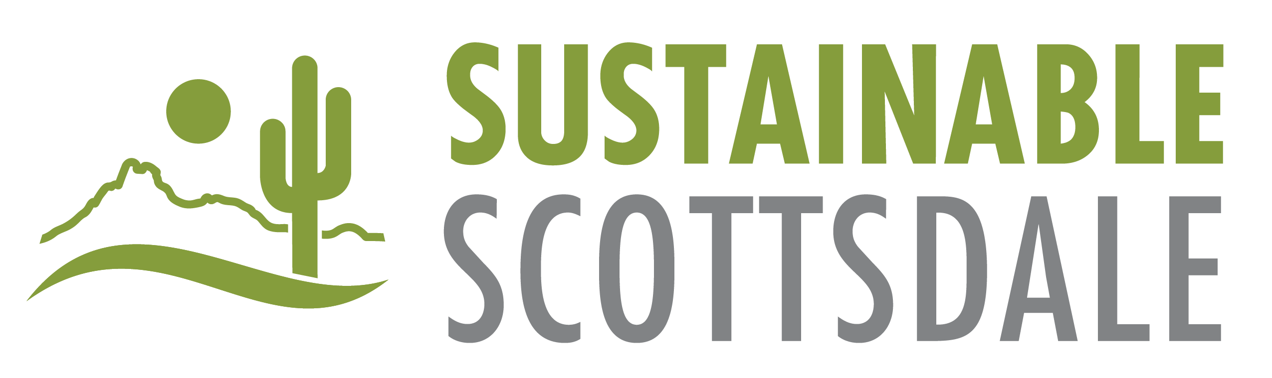 Stylized desert scene with cactus and sun accompanying the Sustainable Scottsdale text logo.