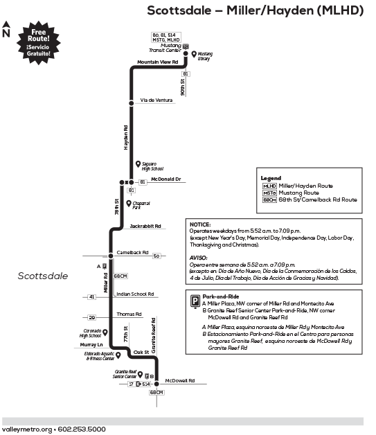 Black-and-white route map showing the Scottsdale Miller/Hayden bus line with major stops.