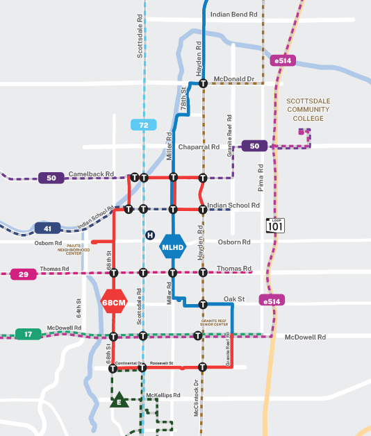 Color-coded transit map showing bus routes, stops, and major Scottsdale roads and landmarks.