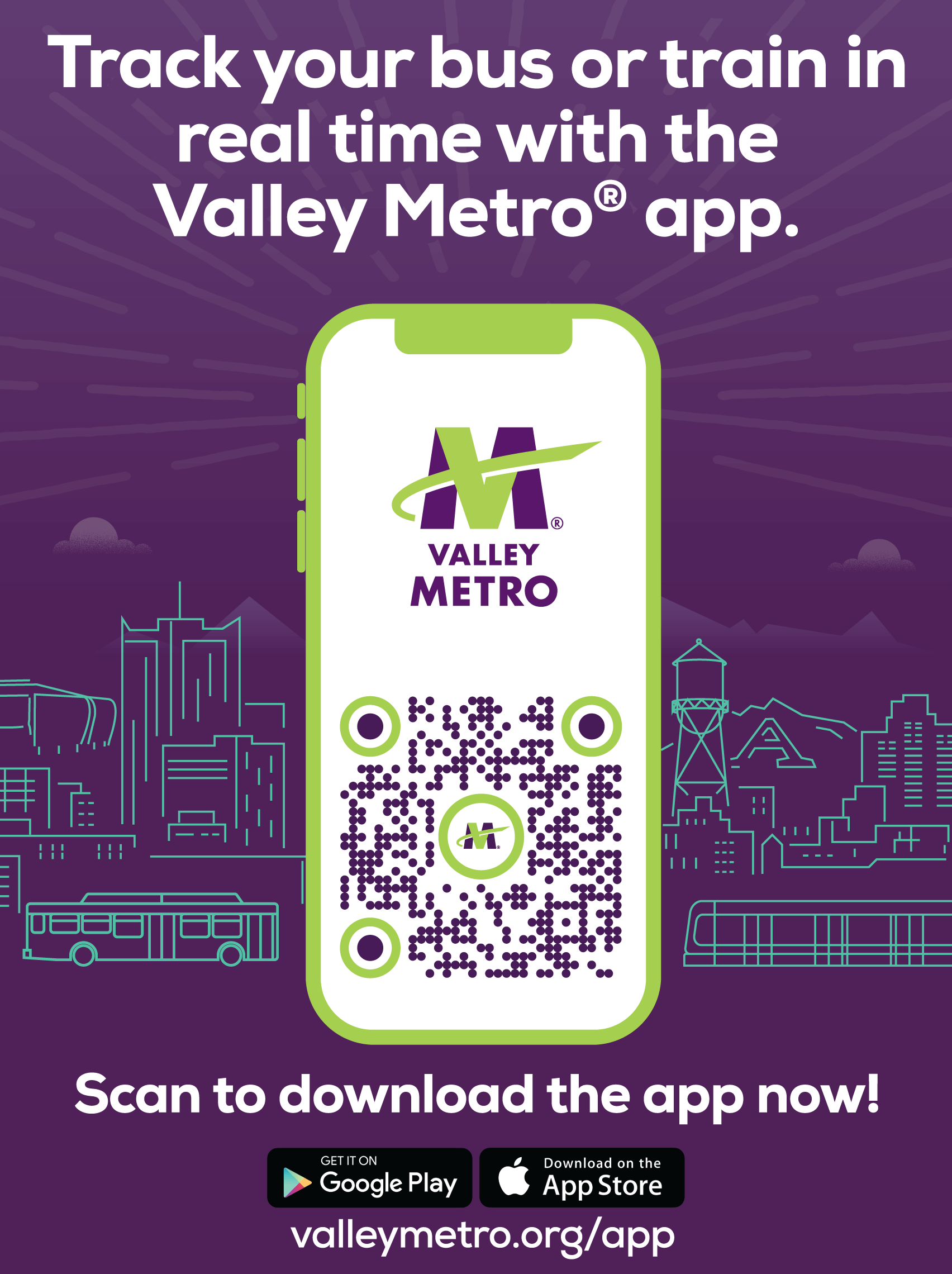 Valley Metro promotional graphic with a QR code inside a smartphone illustration, encouraging users to track buses or trains in real time with the Valley Metro app and scan to download it from Google Play or the App Store.