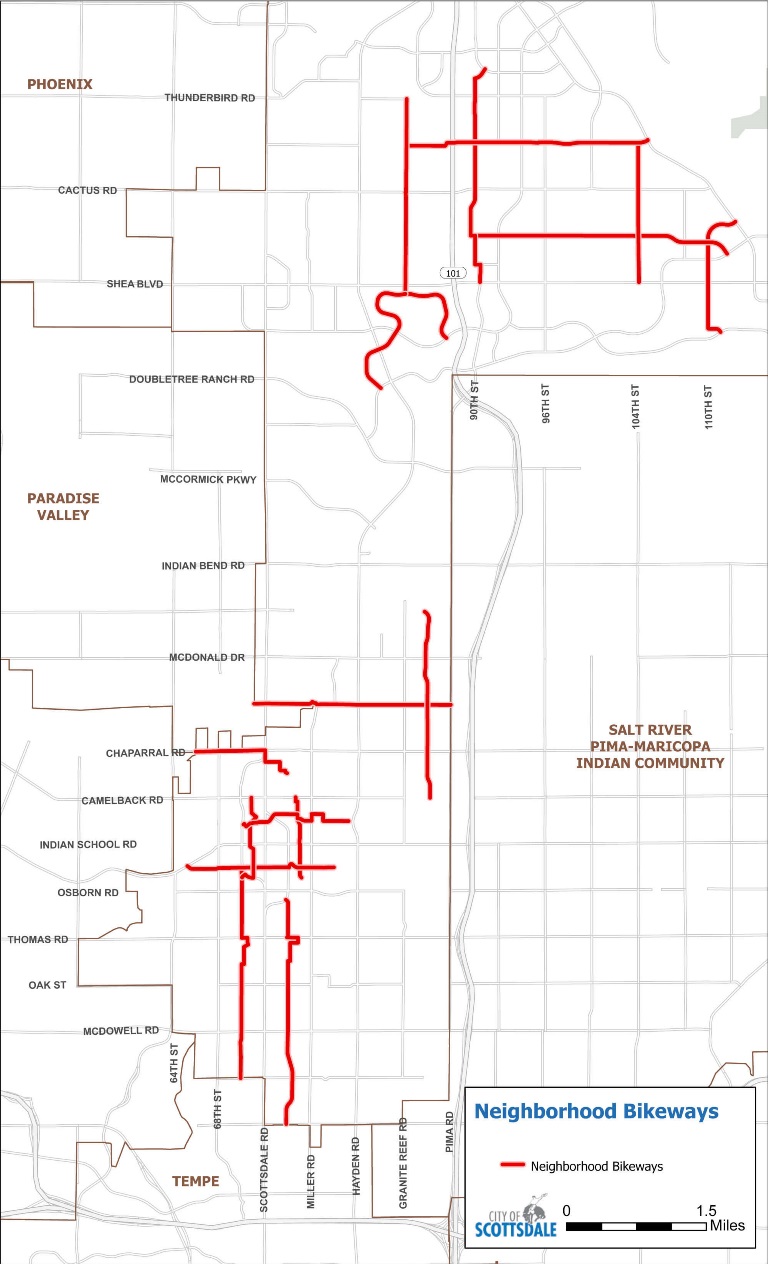 Map of Scottsdale neighborhood bikeways showing bike route corridors highlighted in red across central, southern, and northeastern parts of the city.