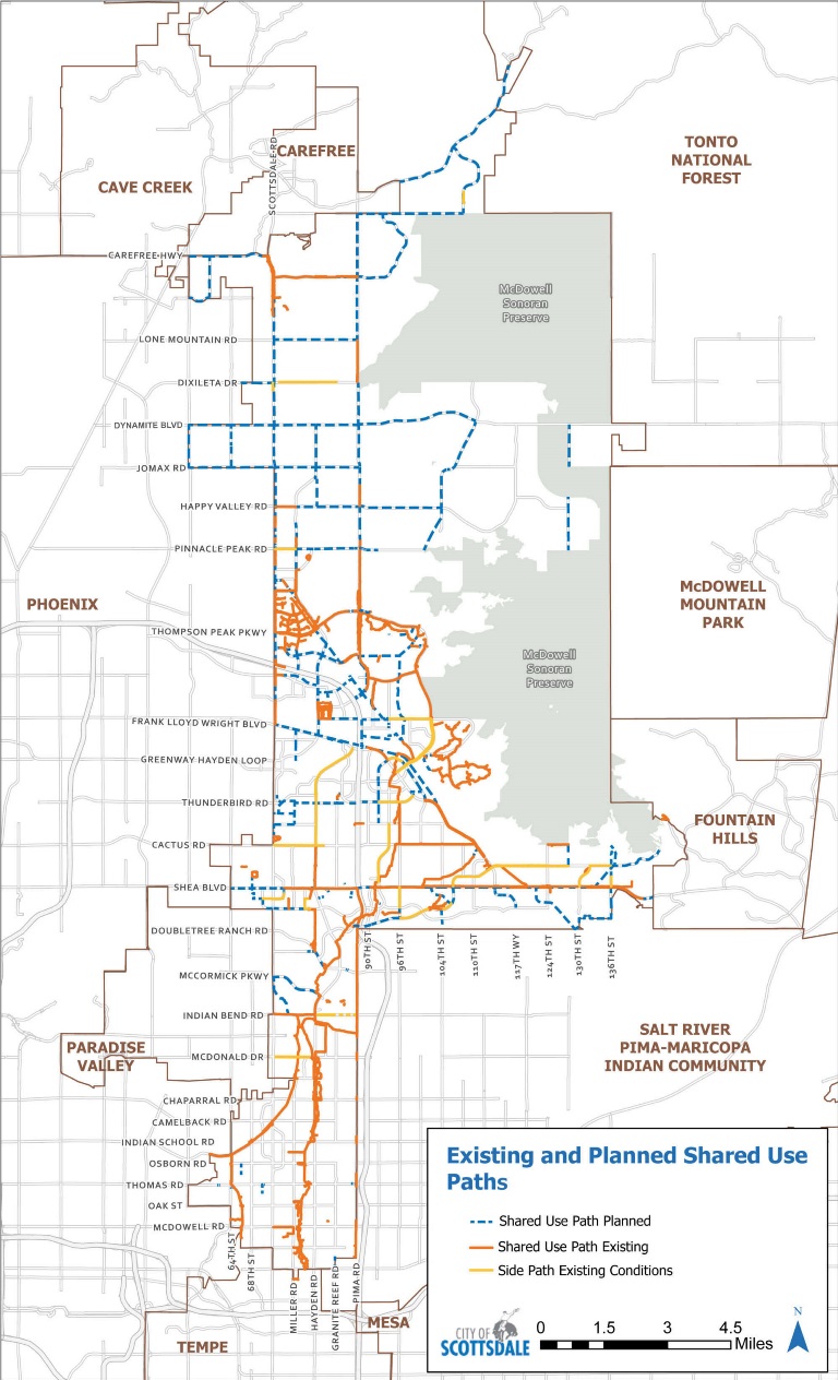 Map of Scottsdale shared use paths showing existing paths, planned future paths, and existing side path conditions across the city.