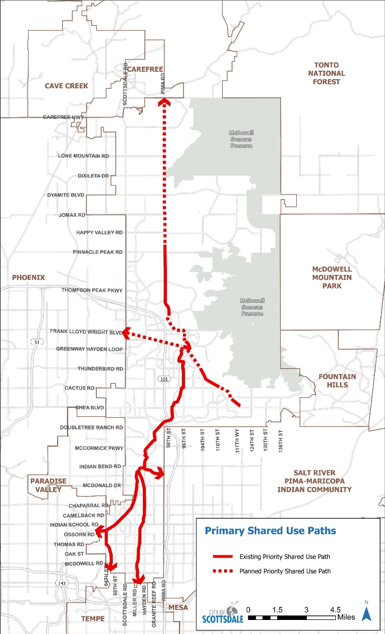 Map of Scottsdale primary shared use paths showing existing priority paths in solid red and planned priority paths in dashed red across the city.