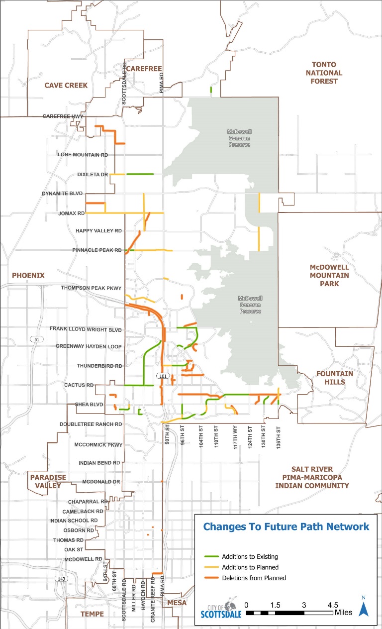 Map of Scottsdale future path network changes showing additions to existing paths in green, additions to planned paths in yellow, and deletions from planned paths in orange.
