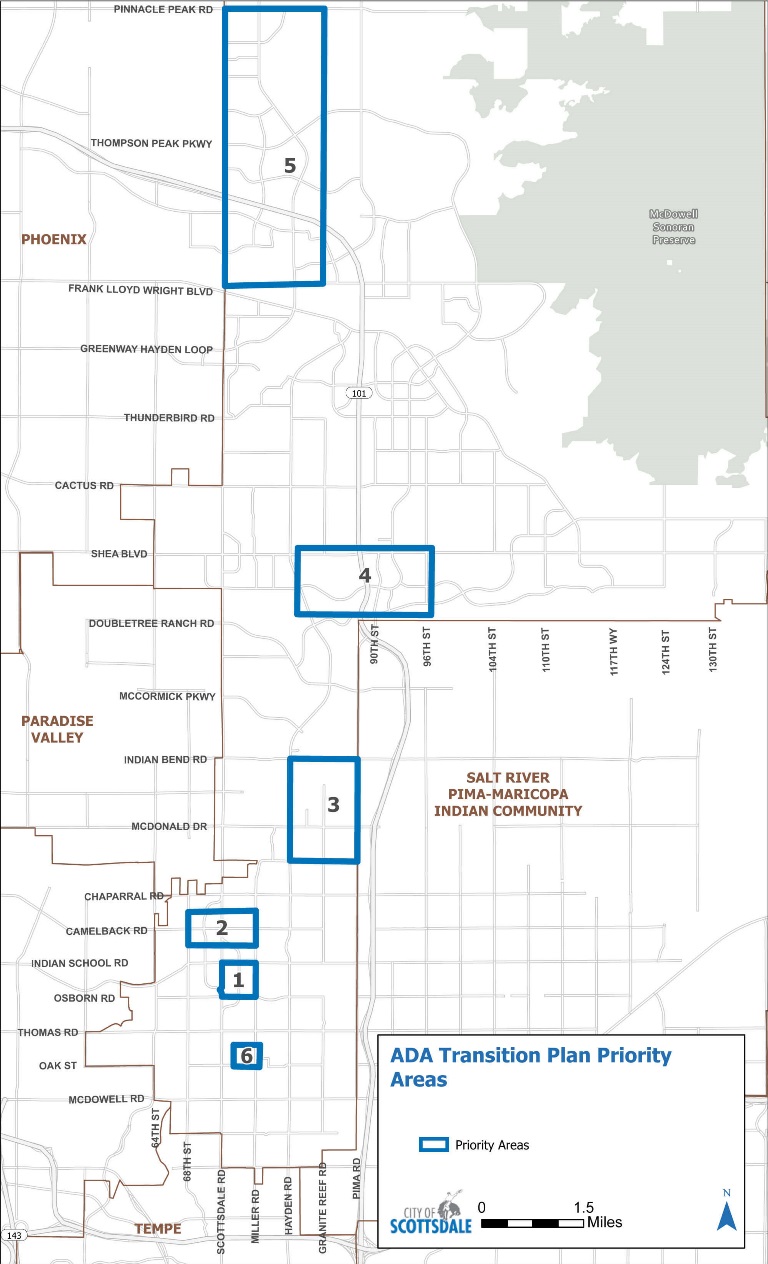 Map of Scottsdale showing six ADA Transition Plan priority areas outlined in blue, with major roads, nearby city boundaries, and a legend in the lower right.