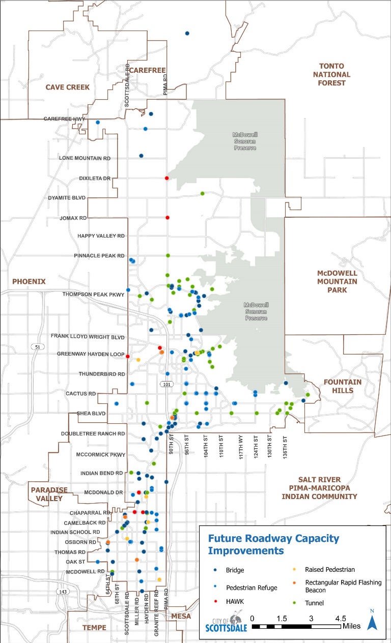 Map of Scottsdale showing future roadway capacity improvements marked by colored dots for bridges, pedestrian refuges, HAWKs, raised pedestrian crossings, rapid flashing beacons, and tunnels.