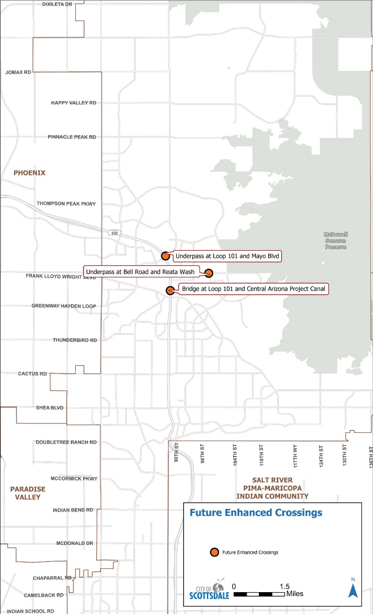 Map of north Scottsdale highlighting three future enhanced crossings near Loop 101, Bell Road, Reata Wash, Mayo Boulevard, and the Central Arizona Project Canal.