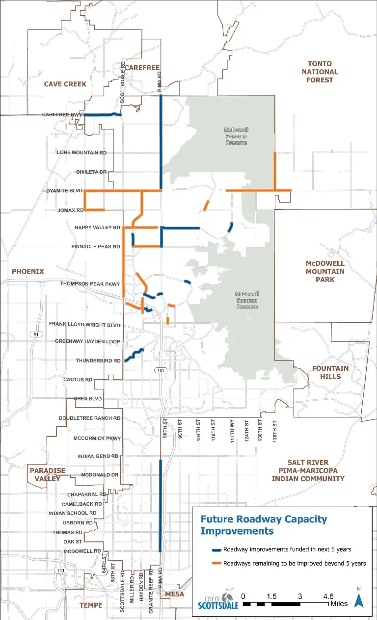 Map of Scottsdale future roadway capacity improvements, highlighting funded roadway projects in blue for the next five years and additional roadway segments in orange planned beyond five years.