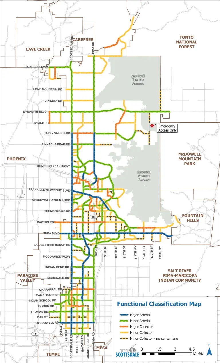 Scottsdale functional classification map showing major arterials, minor arterials, major collectors, minor collectors, and minor collectors without center lanes, plus an emergency-access-only segment near McDowell Mountain Park.