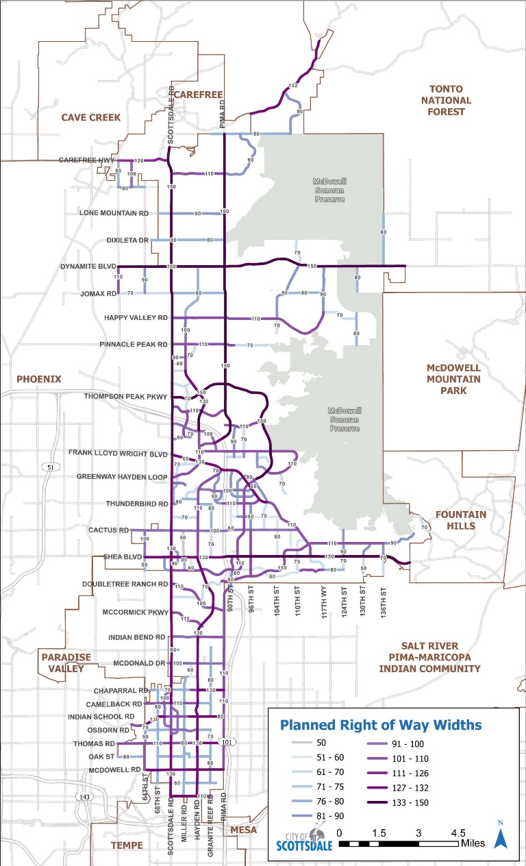 Scottsdale map of planned right-of-way widths, showing roadway corridors color coded by width ranges from 50 feet to 150 feet across the city.