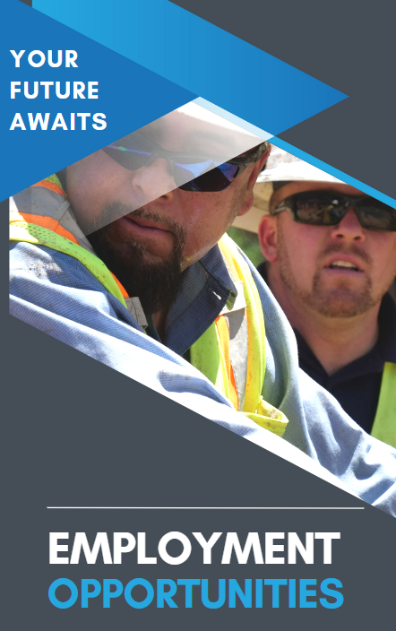 Employment recruitment graphic reading "Your Future Awaits" and "Employment Opportunities," showing two city field workers in safety vests and sunglasses.