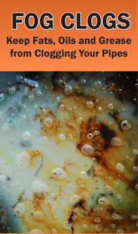 FOG Clogs graphic urging people to keep fats, oils, and grease from clogging pipes, above a photo of greasy buildup floating on water.