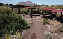 Desert garden pathway leading to a shaded gathering area with red shade sails, surrounded by desert plants and rocks, with mountains in the background under a clear blue sky.